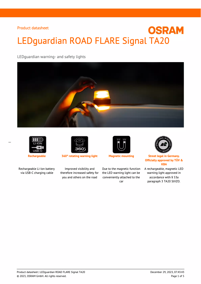 First page image of the manual for LEDguardian ROAD FLARE Signal TA20