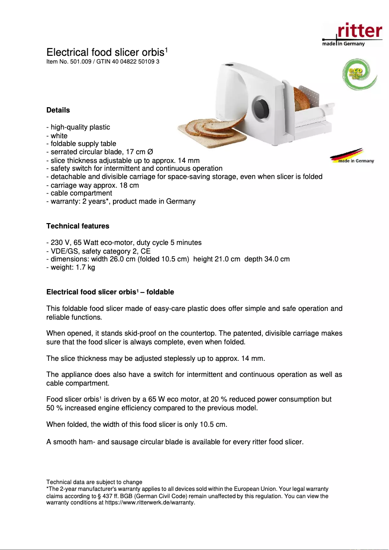 Page 1 of the manual Technical Sheet Ritter Orbis 1