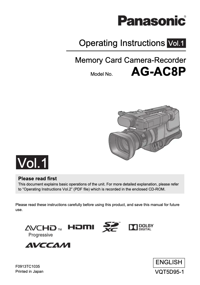 First page image of the manual for AG-AC8PJ