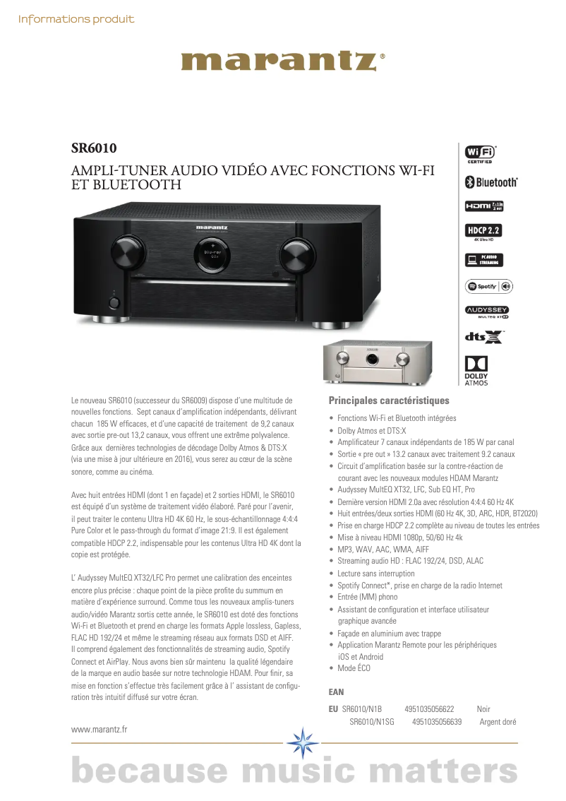 Page 1 of the manual Technical Sheet Marantz SR6010