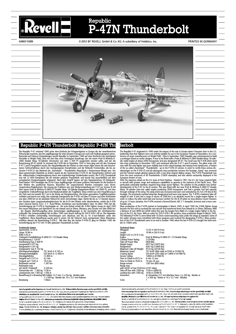 First page image of the manual for Republic P-47N Thunderbolt