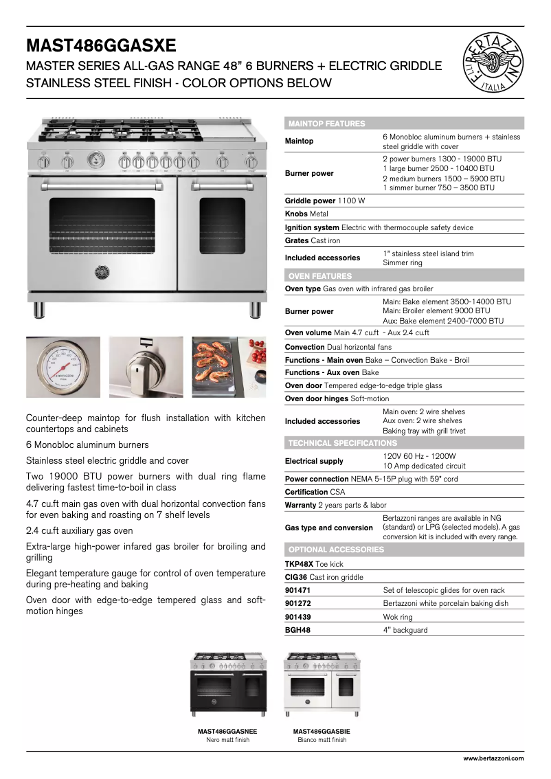 Page 1 of the manual Technical Sheet Bertazzoni MAST486GGASNEE