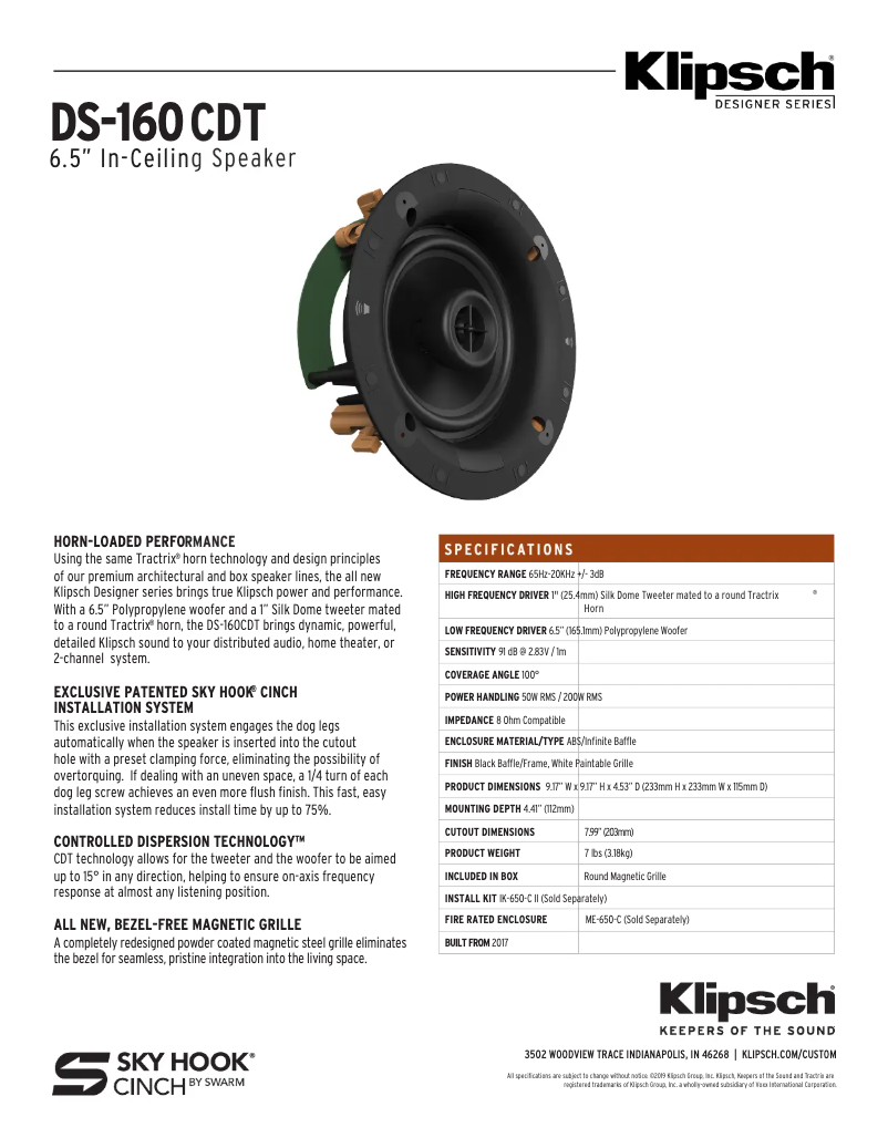 Page 1 of the manual Technical Sheet Klipsch DS-160CDT
