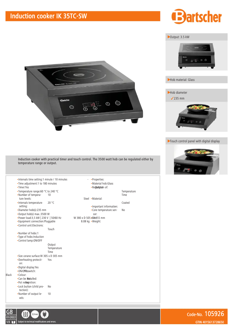 Page 1 of the manual Technical Sheet Bartscher IK 35TC
