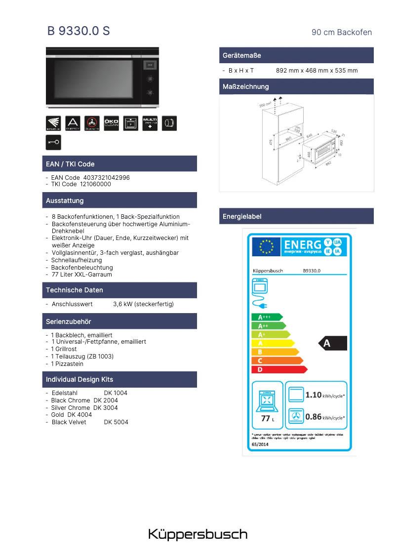 Page 1 of the manual Technical Sheet Küppersbusch B9330.0S