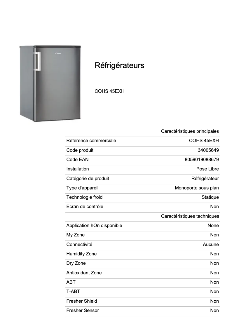 Page 1 of the manual Technical Sheet Candy COHS 45EXH