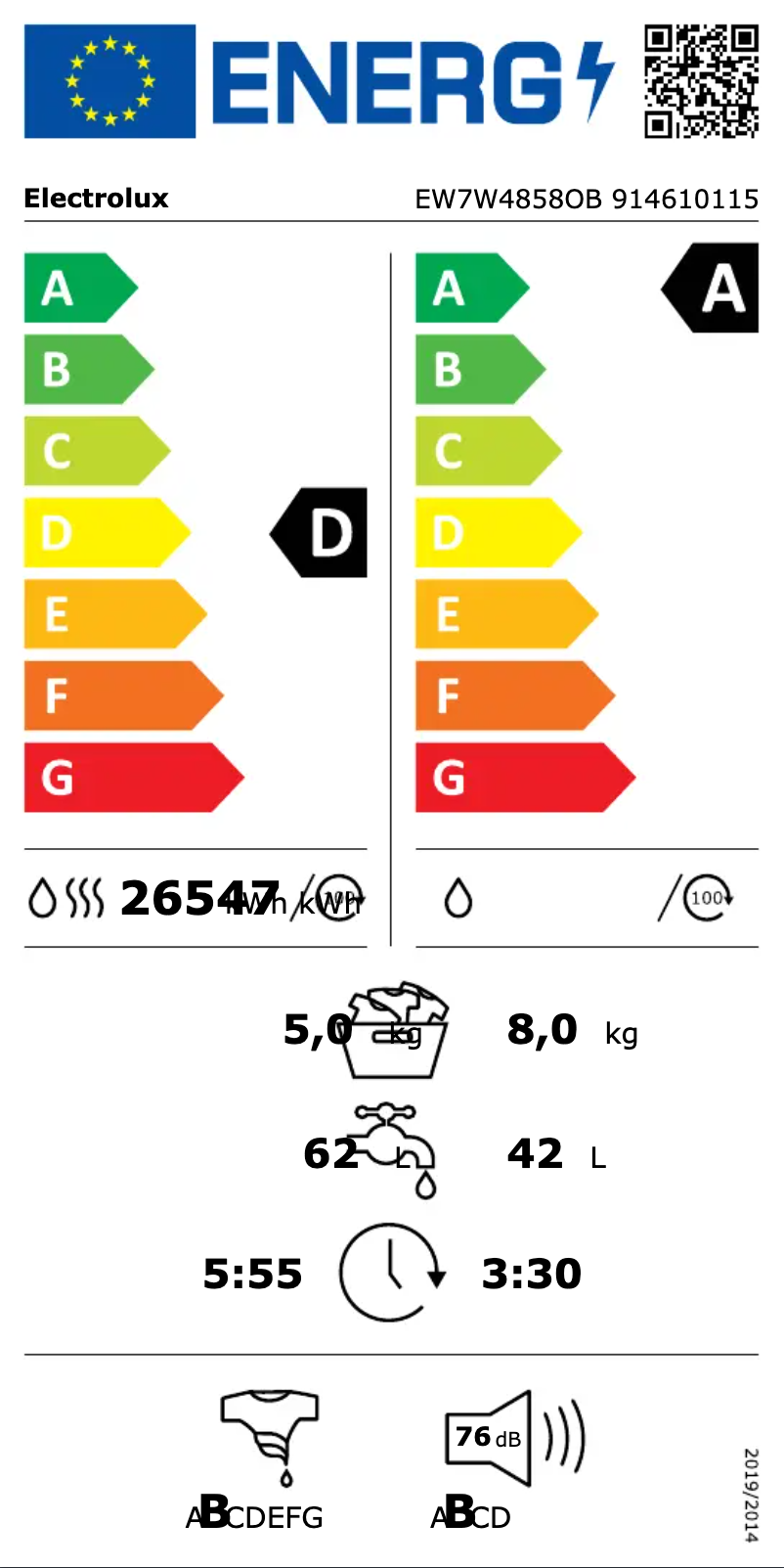 Page 1 of the manual Energy Label Electrolux EW7W4858OB
