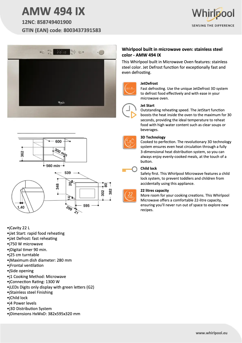 Page 1 of the manual Technical Sheet Whirlpool AMW 494
