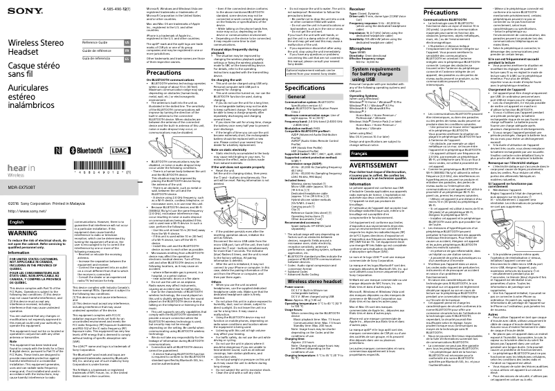 First page image of the manual for MDR-EX750BT
