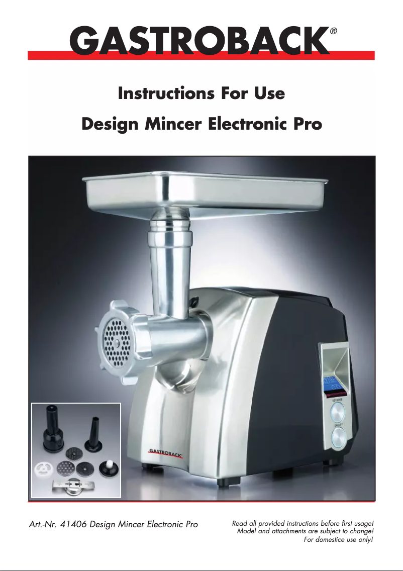 Page 1 of the manual User Manual Gastroback Design Mincer Electronic Pro 41406
