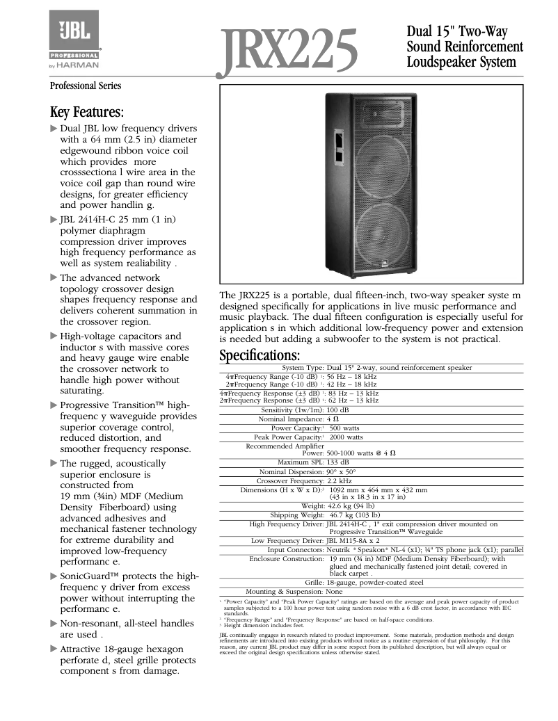 Page 1 of the manual Instruction Manual JBL JRX225