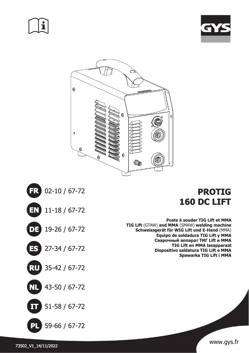 First page image of the manual for Protig 160 DC Lift