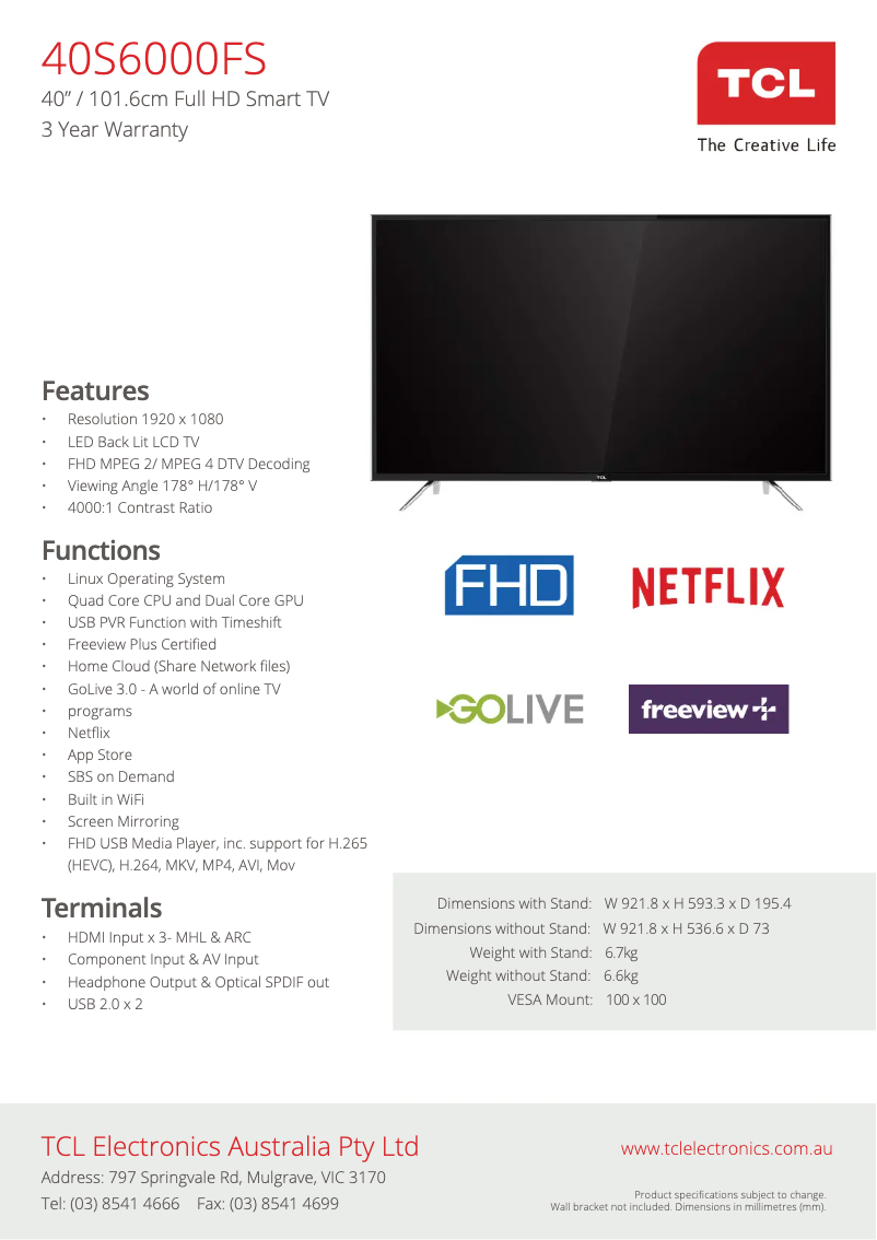 Page 1 of the manual Technical Sheet TCL 40S6000FS