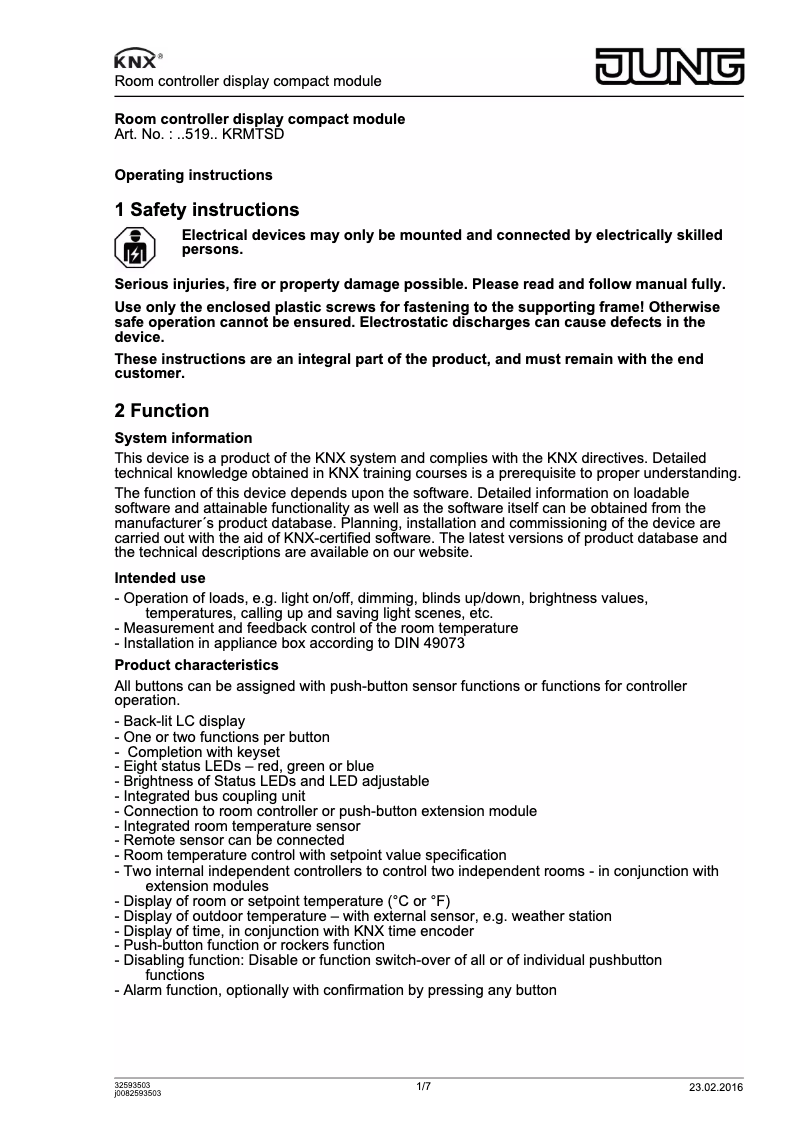 Page 1 de la notice Manuel utilisateur JUNG A 5194 KRM TS D