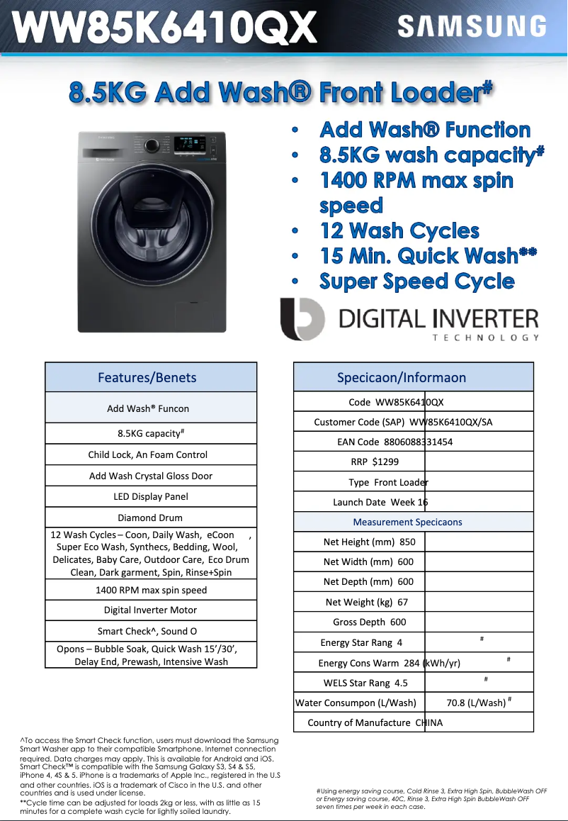Page 1 of the manual Technical Sheet Samsung WW85K6410QX
