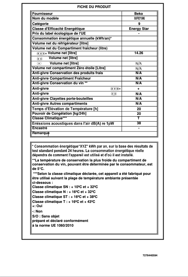 Page 1 of the manual Technical Sheet Beko BUFR2715MG