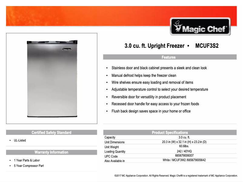 Page 1 of the manual Technical Sheet Magic Chef MCUF3S2