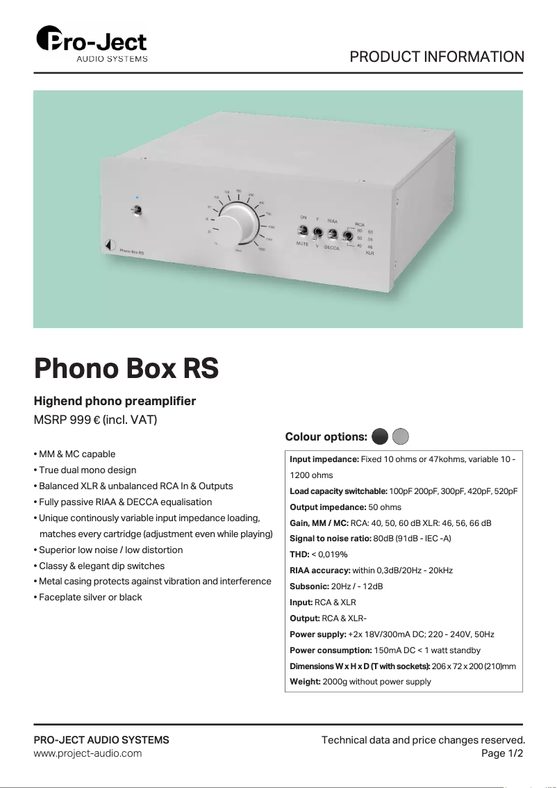 Page 1 of the manual Technical Sheet Pro-Ject Phono Box RS