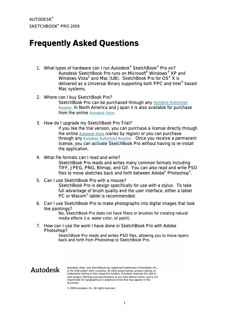 First page image of the manual for SketchBook Pro 2010