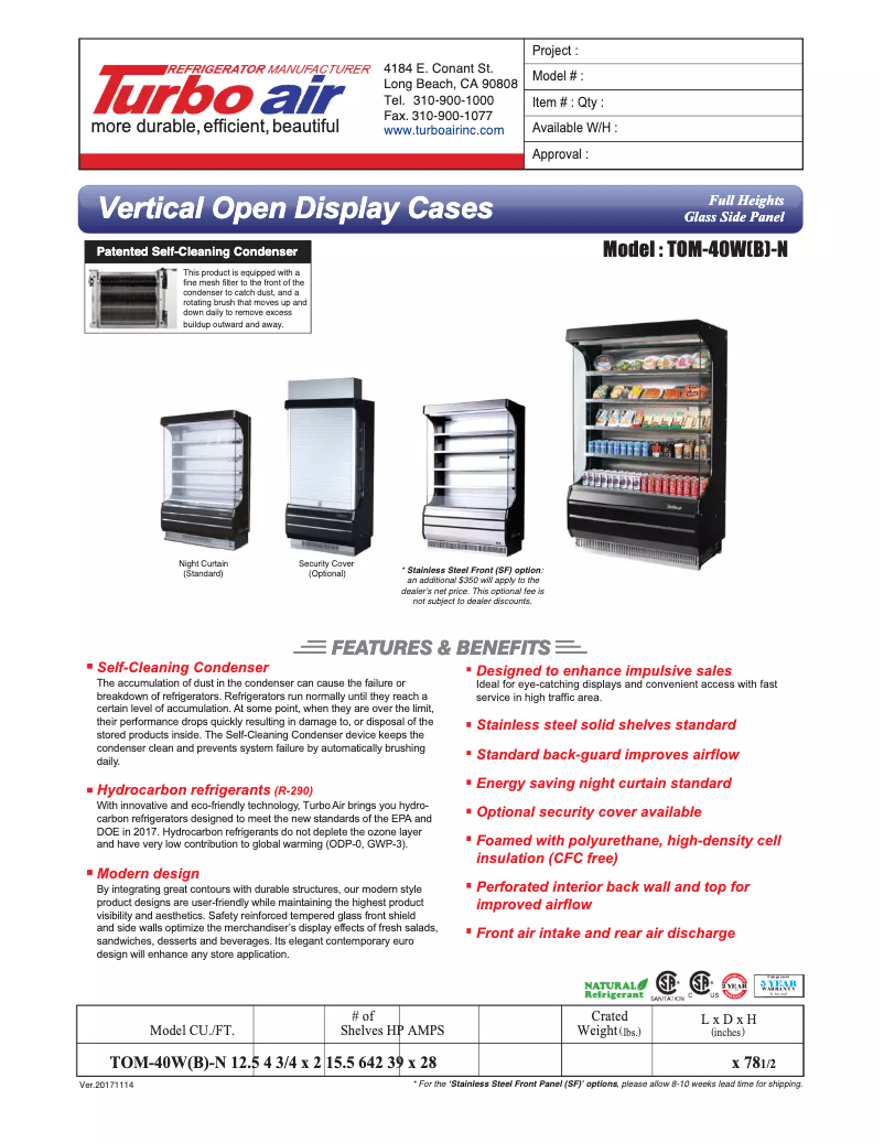 Page 1 of the manual Technical Sheet Turbo air TOM-40