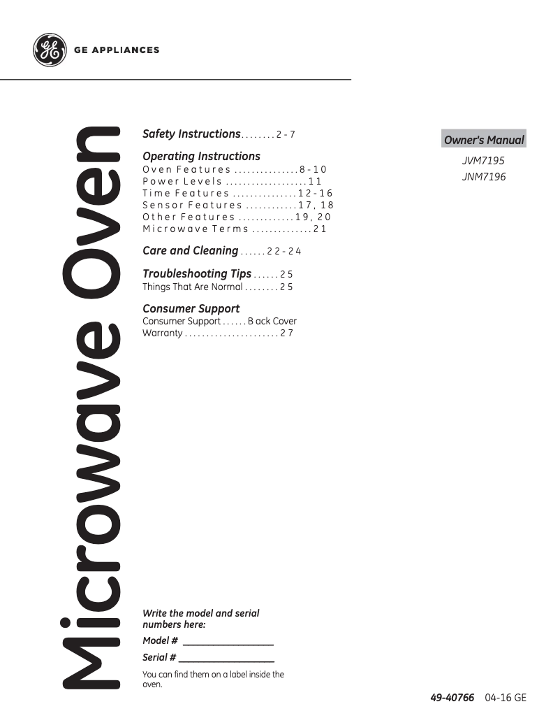 First page image of the manual for JNM7196SFSS