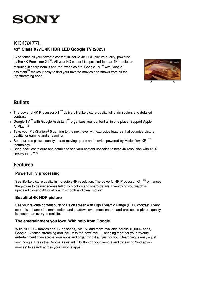 Page 1 of the manual Technical Sheet Sony KD-75X77L