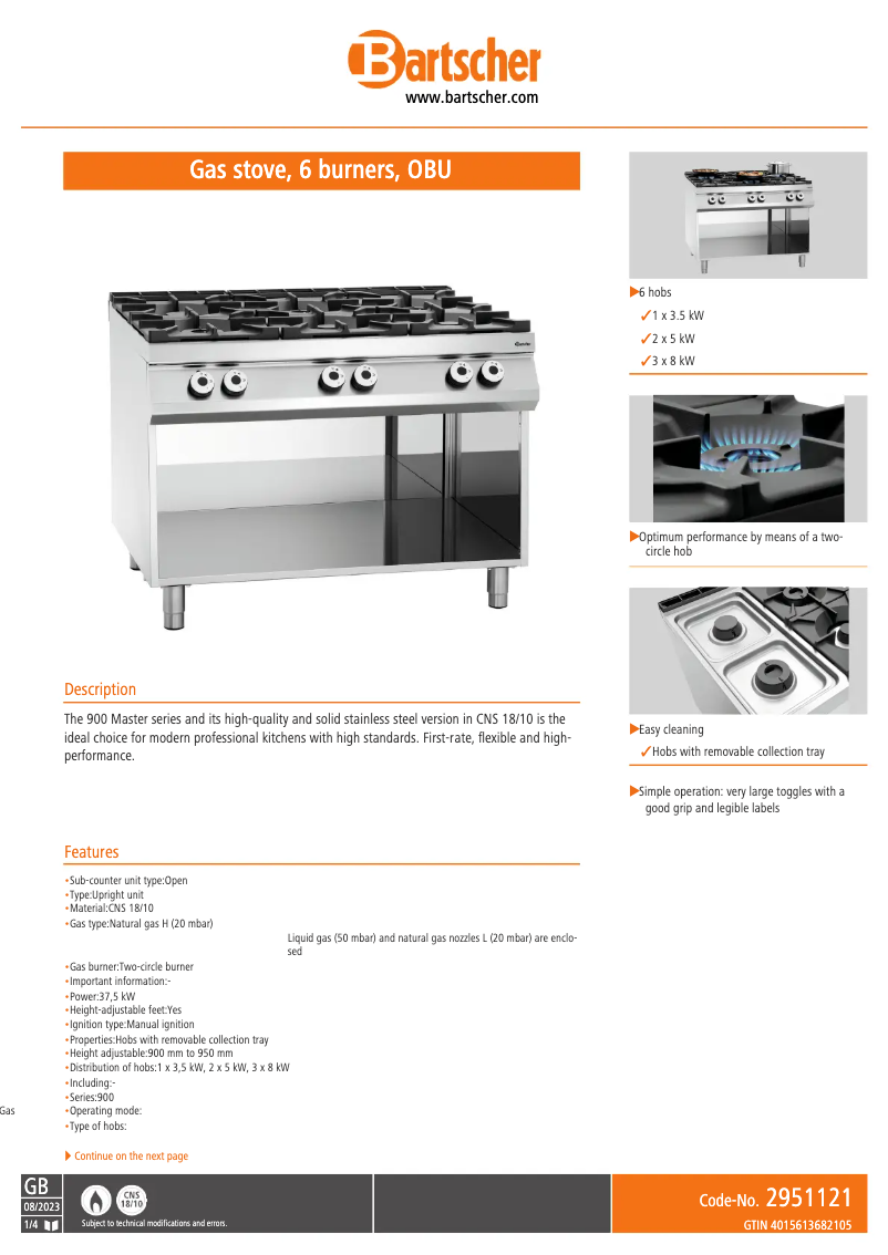 Page 1 of the manual Technical Sheet Bartscher 2951121