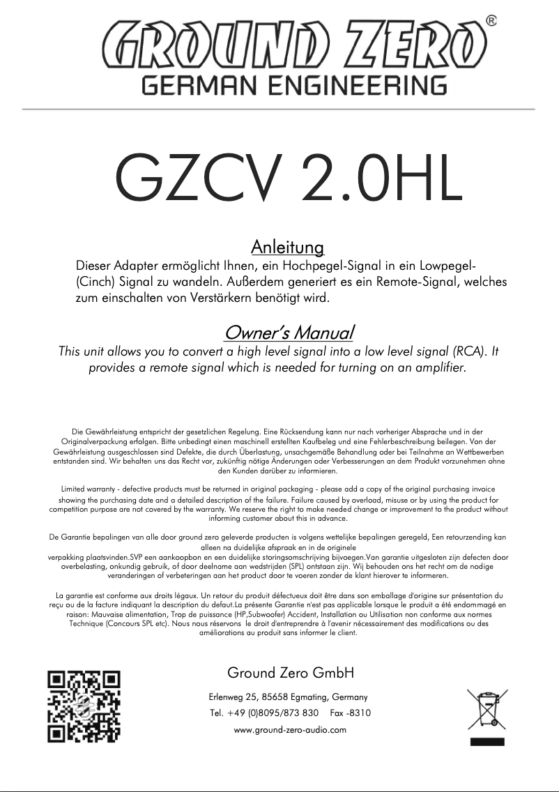 First page image of the manual for GZCV 2.0HL