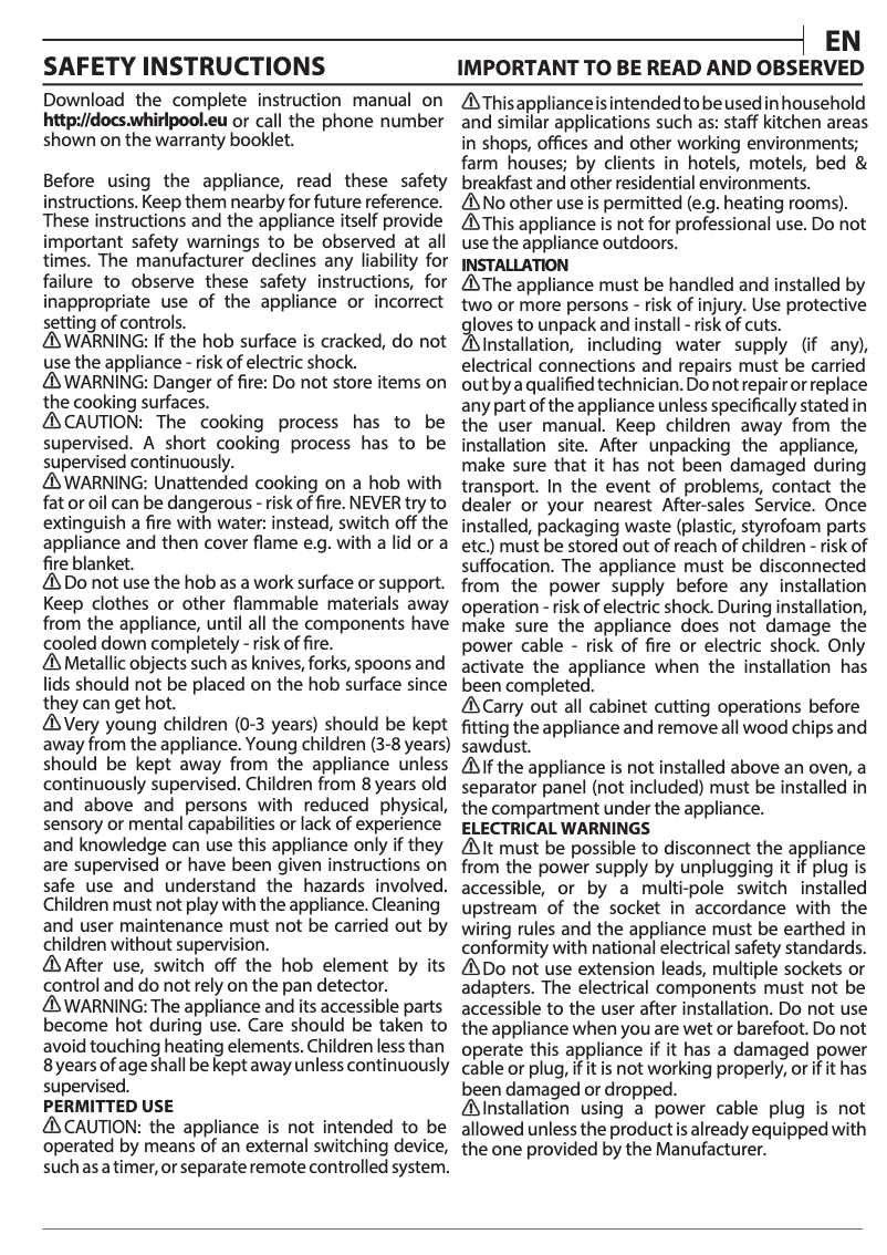 Page 1 de la notice Instructions / montage Whirlpool WL S3777 NE