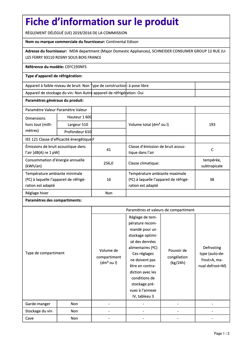 Page 1 of the manual Energy Label Continental Edison CEFC193NFW