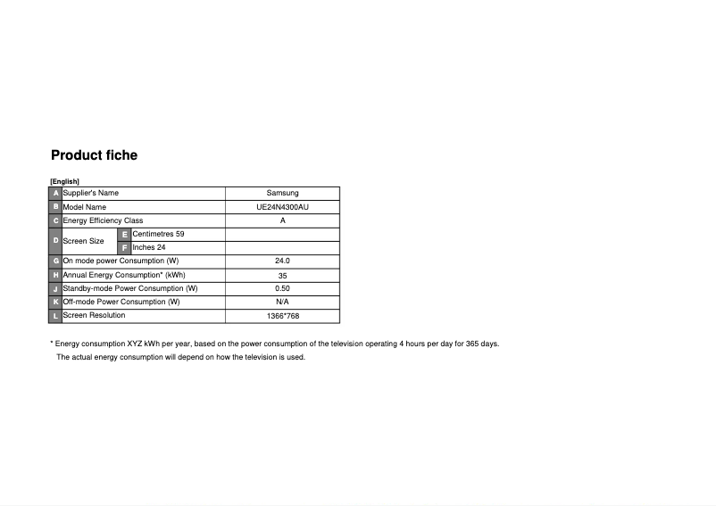 Page 1 of the manual Technical Sheet Samsung Series 4 UE24N4300AU