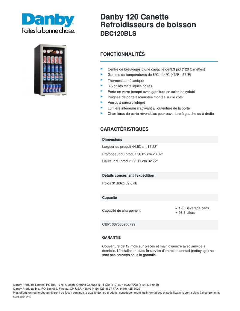 Page 1 of the manual Technical Sheet Danby DBC120BLS