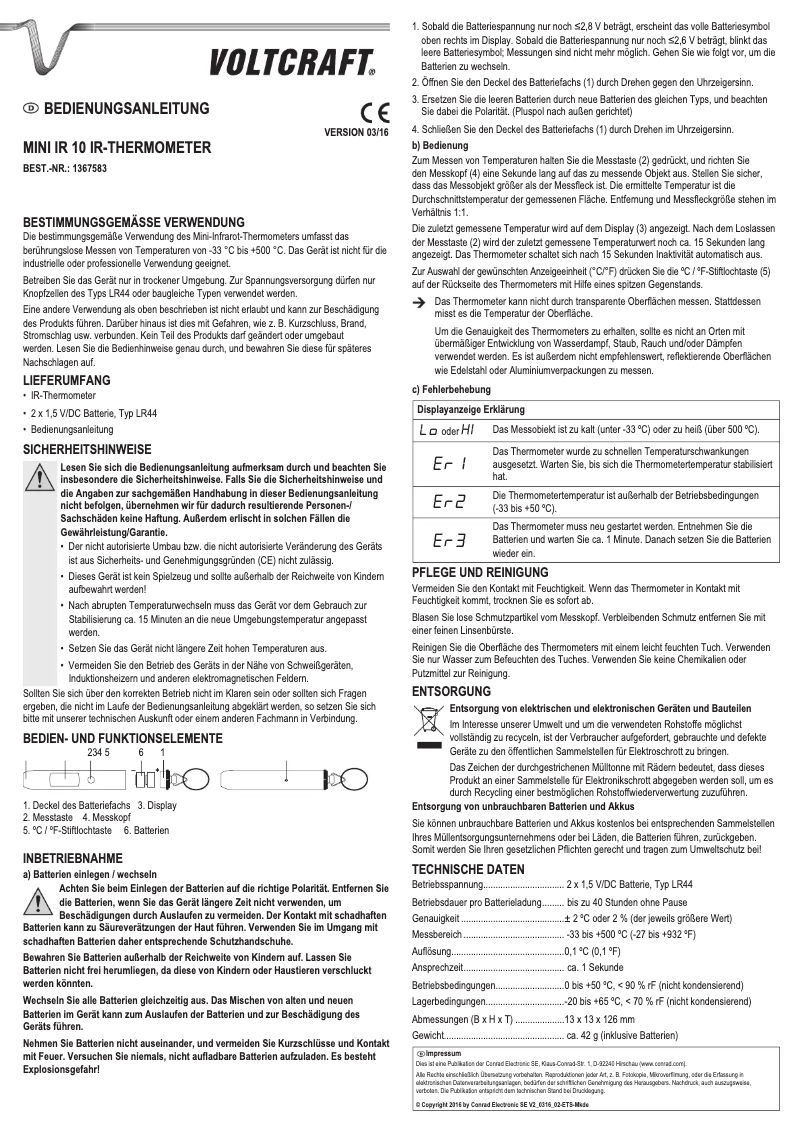 Page 1 of the manual User Manual Voltcraft MINI IR 10