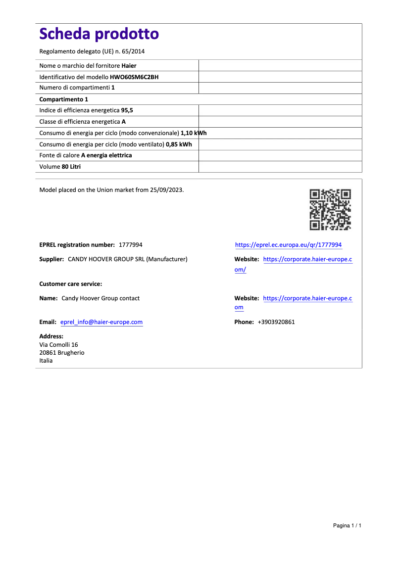 Page 1 of the manual Technical Sheet Haier HWO60SM6C1BH