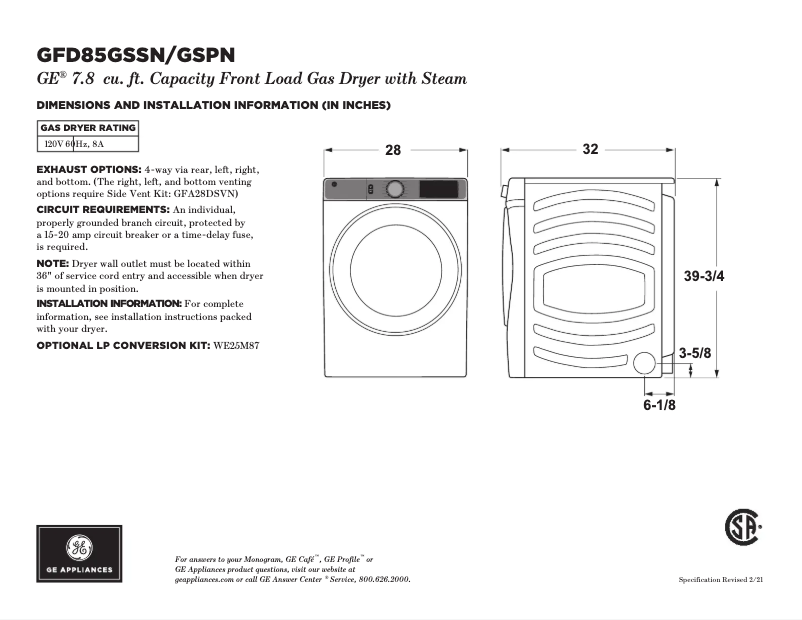Page 1 of the manual Technical Sheet GE GFD85GSPNDG