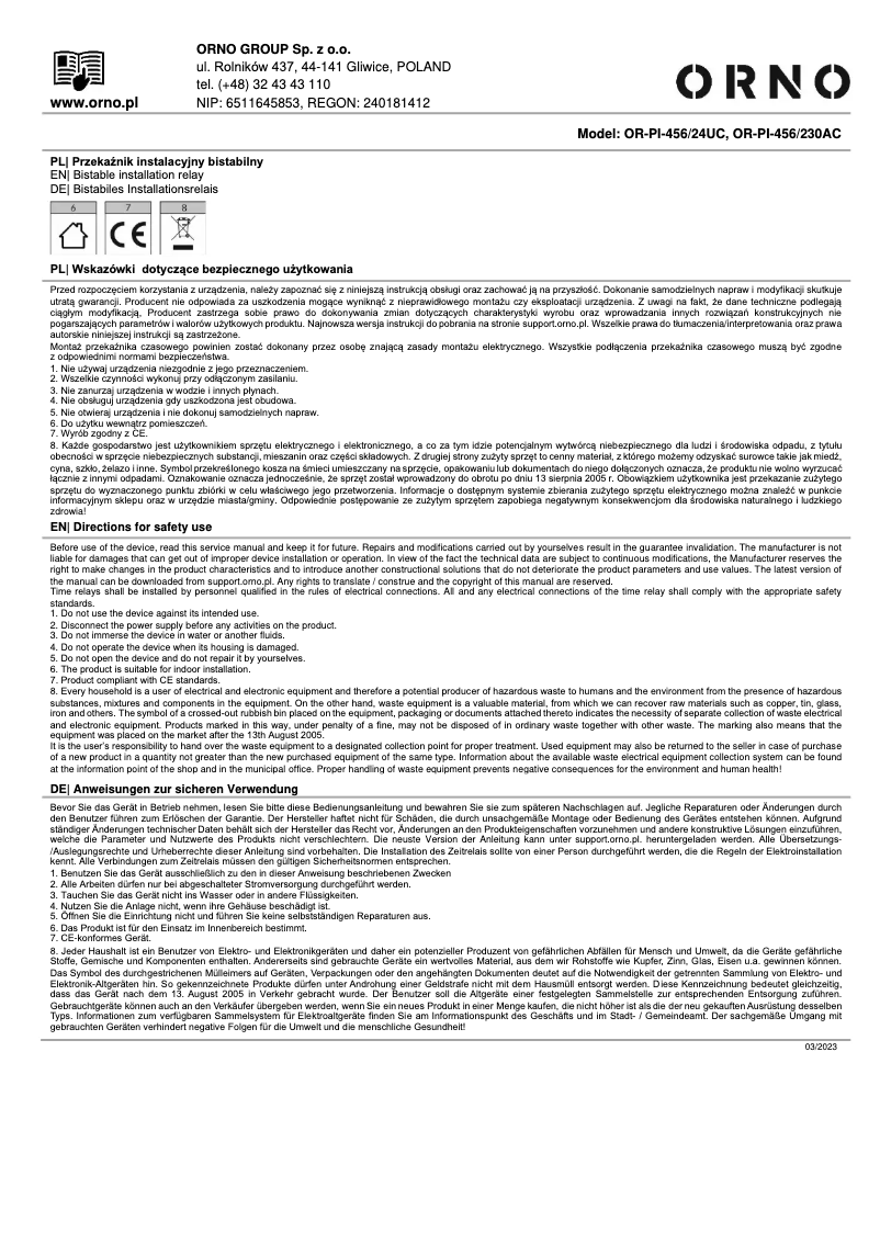 Page 1 de la notice Manuel utilisateur ORNO OR-PI-456