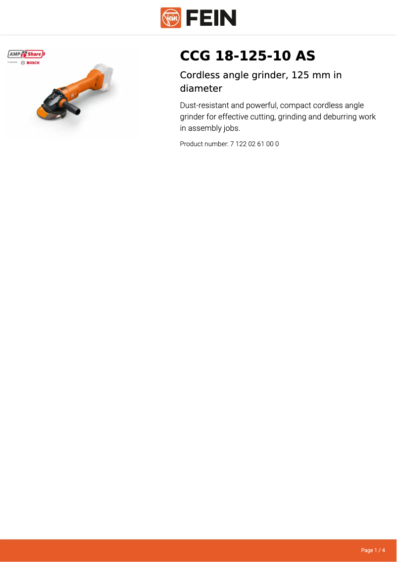 Page 1 of the manual Technical Sheet Fein CCG 18-125-10 AS