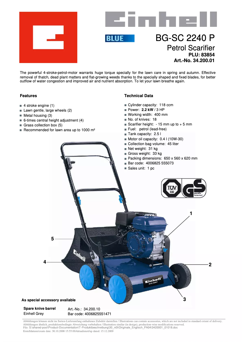 Page 1 of the manual Technical Sheet Einhell BG-SC 2240 P