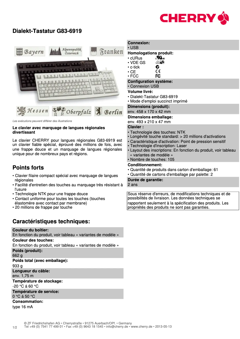 Page 1 of the manual Technical Sheet Cherry Dialekt-Tastatur G83-6919