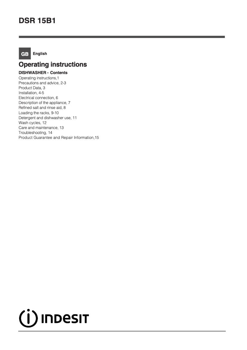 Page 1 of the manual Instruction Manual Indesit DSR 15B1 K UK