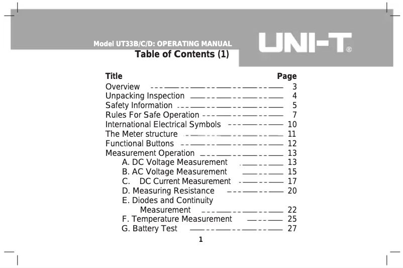 Page 1 of the manual User Manual Uni-T UT33B