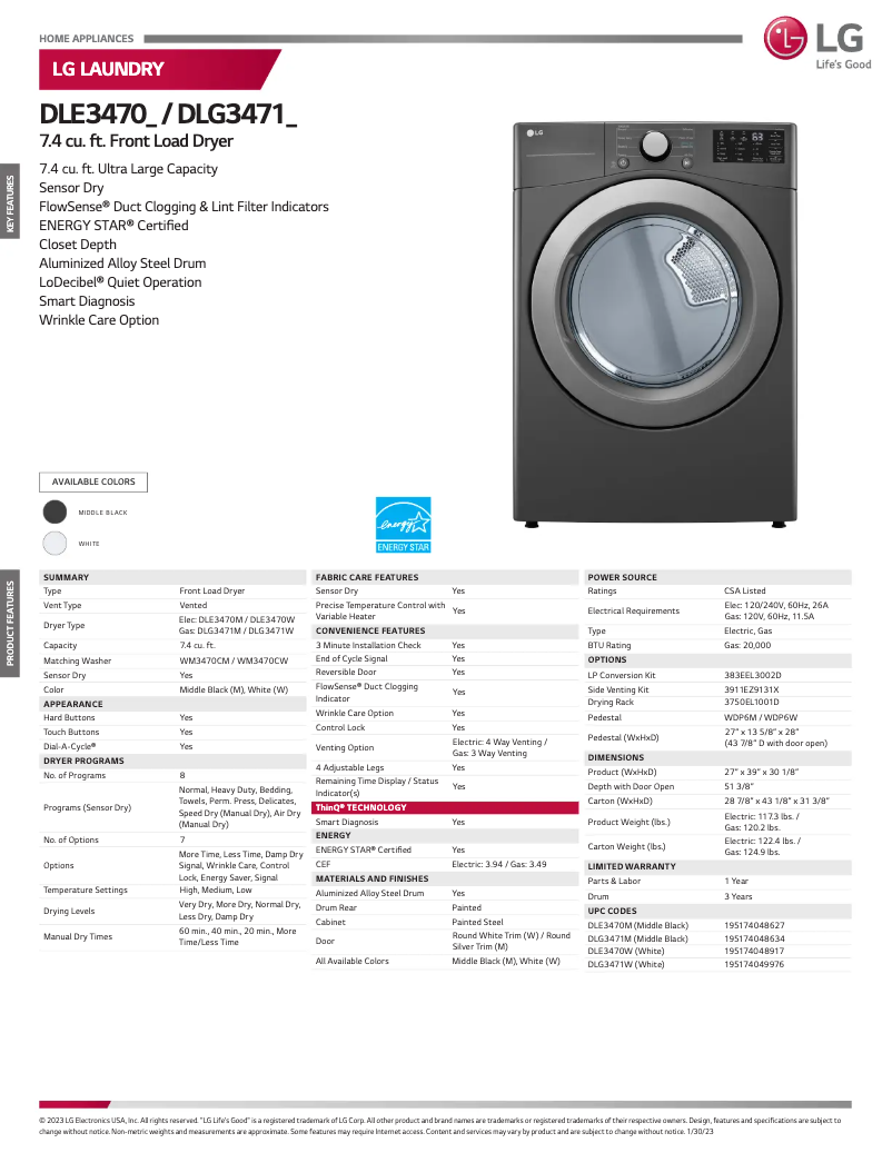 First page image of the manual for DLE3470W
