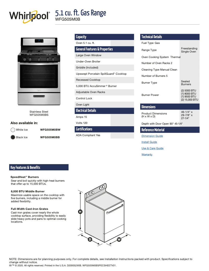Page 1 of the manual Technical Sheet Whirlpool WFG505M0BS