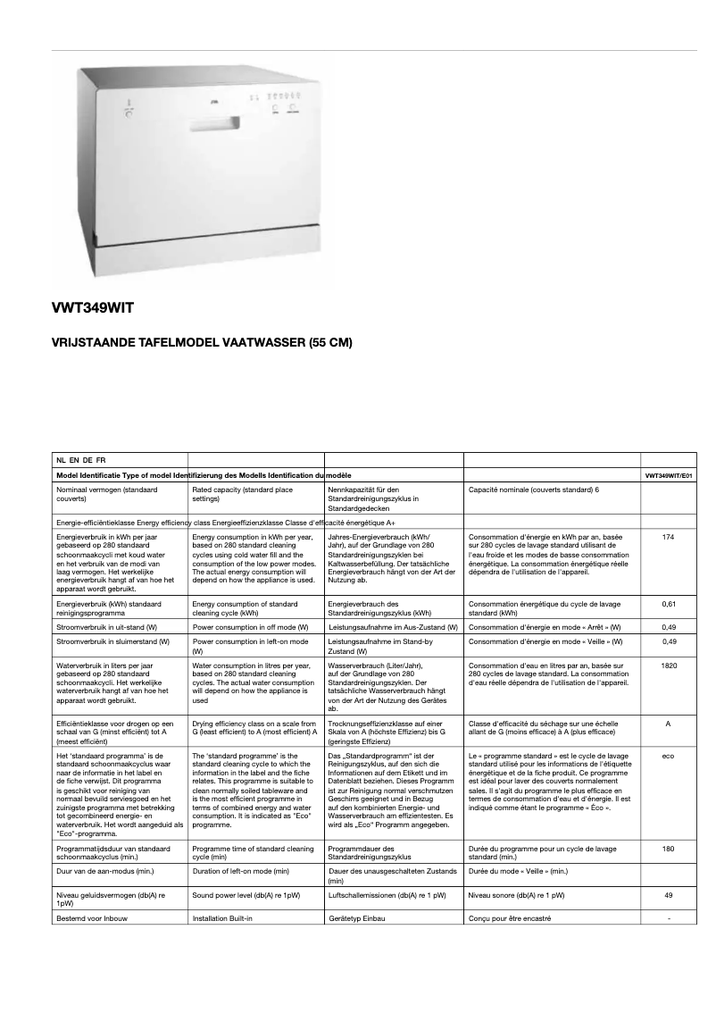 First page image of the manual for VWT349WIT