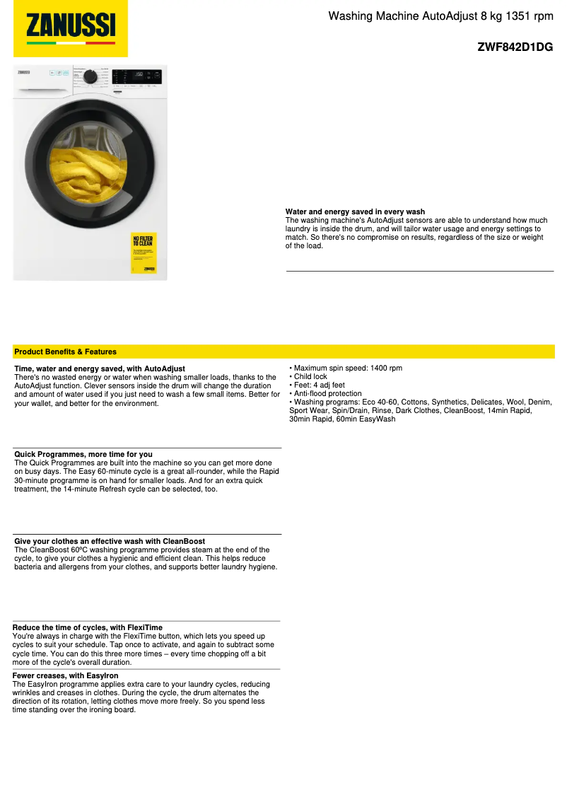 Page 1 of the manual Technical Sheet Zanussi ZWF842D1DG