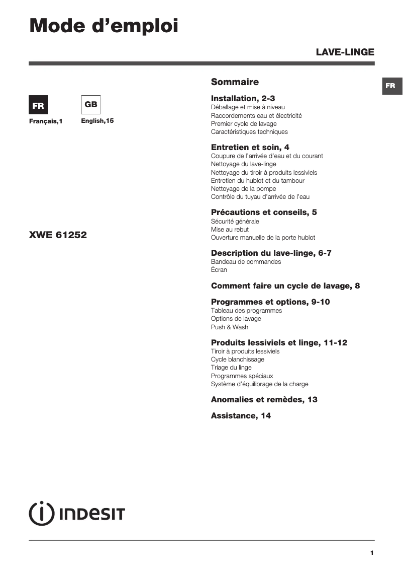 First page image of the manual for XWE 61252