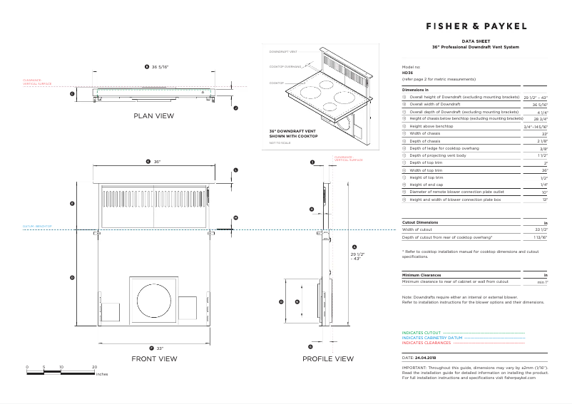 Page 1 de la notice Fiche technique Fisher & Paykel HD36