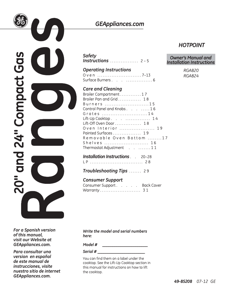 Page 1 of the manual Instructions / Assembly Hotpoint RGA824DEDWW