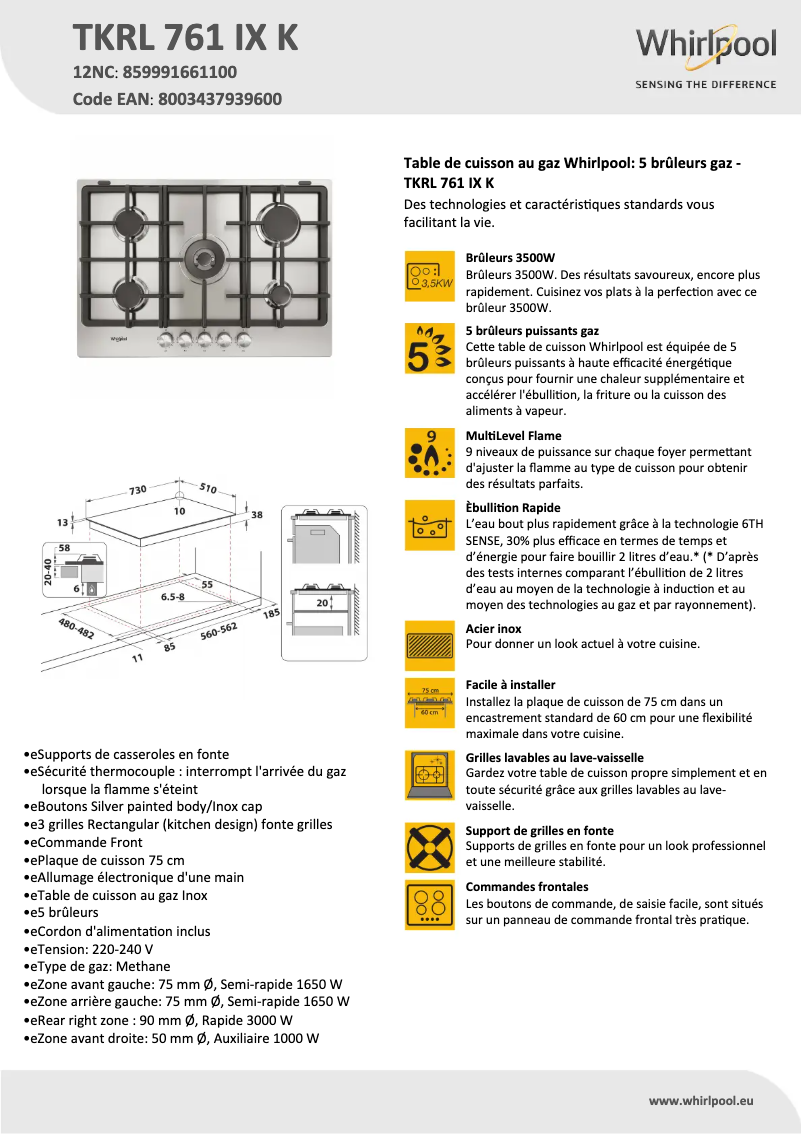 Page 1 of the manual Technical Sheet Whirlpool TKRL 761 IX