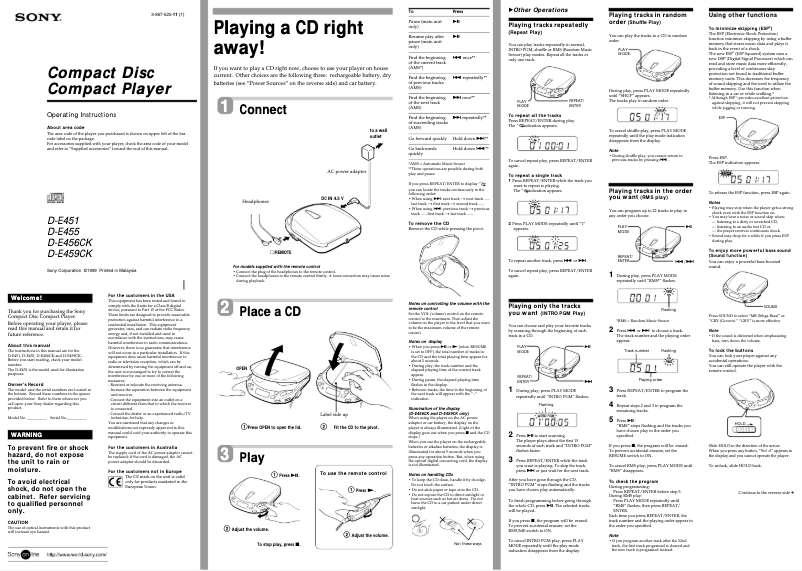 First page image of the manual for Discman D-E451